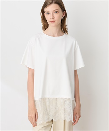 裾レースドッキングTシャツ【接触冷感】(オフホワイト-M)