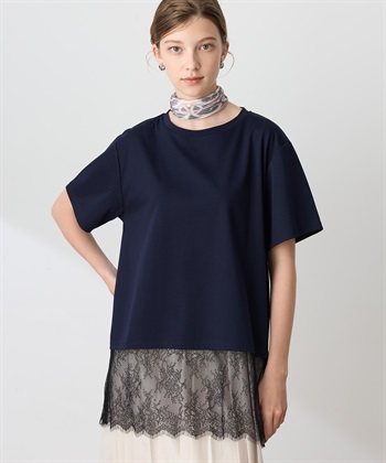 裾レースドッキングTシャツ【接触冷感】(ネイビー-M)