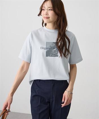 モックネック箔プリントロゴTシャツ【すごツヤ・接触冷感・UVカット】(サックス-M)