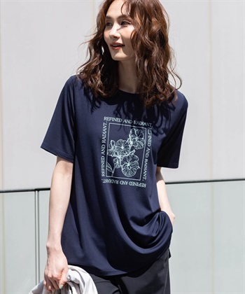 A/C DESIGN BY ALPHA CUBIC フラワーイラストプリントＴシャツ【ひやツヤ・UVカット・接触冷感】