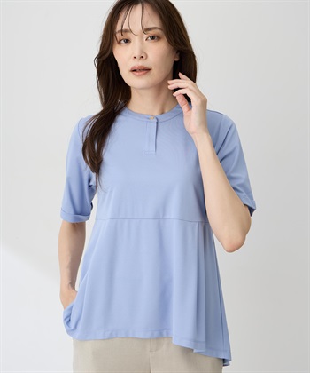 クルーネックペプラムTシャツ【ひやツヤ・UVカット・接触冷感】(サックス-M)
