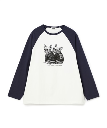 【for owners】　プリントTシャツ（BUHI skull）　Cul-B/キューブ/愛犬(オフ×ネイビー-Ｌ)