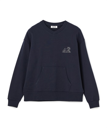 【for owners】　フレブル刺しゅう裏毛Vネックプルオーバー　Cul-B/キューブ/愛犬(ネイビー-Ｌ)