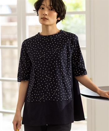 【ひやさらコットン】ドットプリント5分袖Tシャツ【綿100％・接触冷感・UVカット】(ネイビー-M)