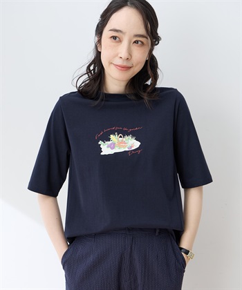 【ひやさらコットン】モックネックベジタブルプリント5分袖Tシャツ【綿100％・接触冷感・UVカット】(ネイビー-M)