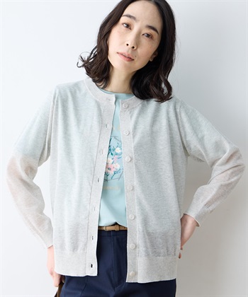 サラコクルーネック9分袖カーディガン【接触冷感・ウォッシャブル・毛玉になりにくい】(グレー-M)