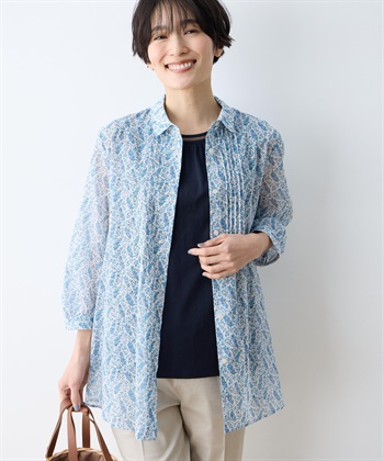 【Liberty】リバティプリントボイルピンタックブラウス(ブルー-9号)