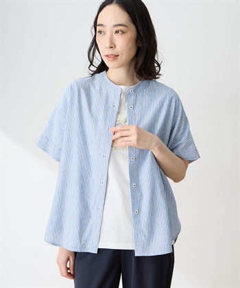 麻混バックタックブラウス【シワになりにくい】(ブルー-9号)
