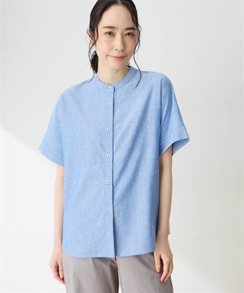 麻混バックタックブラウス【シワになりにくい】(サックス-9号)