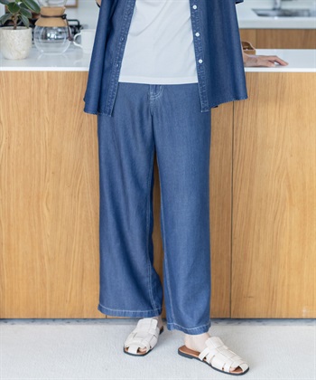 デニムストレートパンツ【接触冷感・後ろウエストゴム】(ネイビー-64cm)