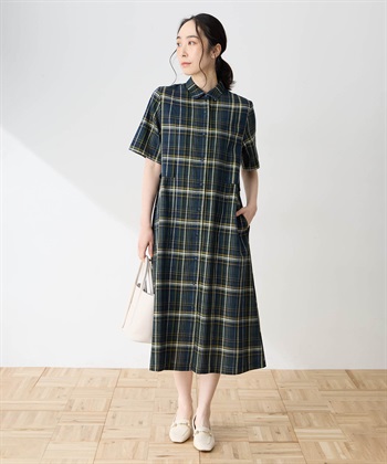 麻混チェックワンピース【シワになりにくい】(ネイビー-9号)