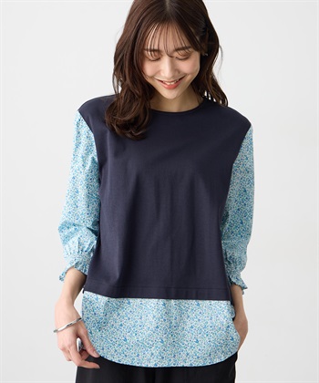 【Liberty】リバティレイヤード風プルオーバー【オーガニックコットン・UVカット・接触冷感】(ネイビー-M)