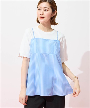 キャミ&Tシャツアンサンブル【オーガニックコットンブレンド・接触冷感・UVカット】(サックス-M)