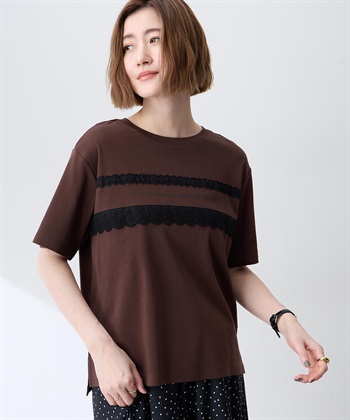 レースロゴプリントTシャツ【接触冷感・UVカット・オーガニックコットンブレンド】(ブラウン-M)