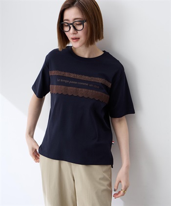 レースロゴプリントTシャツ【接触冷感・UVカット・オーガニックコットンブレンド】(ネイビー-M)