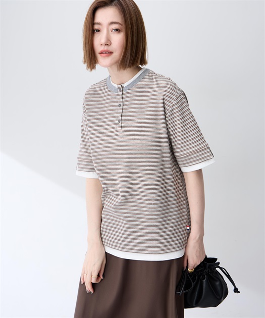 レイヤード風ヘンリーネックボーダーTシャツ