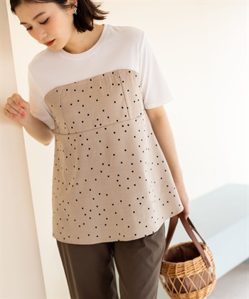 ビスチェレイヤード風Tシャツ【接触冷感・UVカット・オーガニックコットンブレンド】(ベージュ-M)