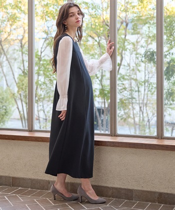 シフォンスリーブ ストレッチジョーゼットワンピース（マタニティ/授乳服）授乳口付き 授乳楽々 妊婦服 産前・産後対応(ブラック-Ｍ)