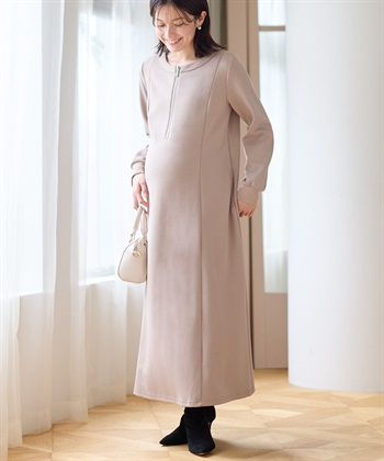 ダンボールフレアワンピース(マタニティ&授乳服）授乳口付き 授乳楽々 妊婦服 産前・産後対応(ベージュ-Ｍ)