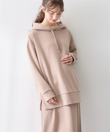 【セットアップ可】ダンボールパーカートップス(マタニティ&授乳服）授乳口付き 授乳楽々 妊婦服 産前・産後対応(ベージュ-Ｍ)