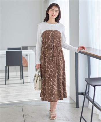小花柄ベア切替ワンピース（マタニティ/授乳服）授乳口付き 授乳楽々 妊婦服 産前・産後対応(ブラウン-Ｍ)
