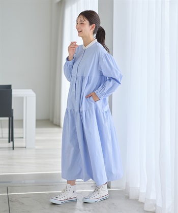 ストライプティアードワンピース（マタニティ/授乳服）授乳口付き 授乳楽々 妊婦服 産前・産後対応(ブルー-Ｍ)