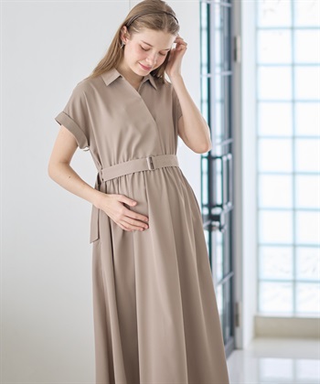 【汗染み防止・UVカット】フレンチスリーブ スキッパ―シャツ マタニティワンピース(マタニティ&授乳服）授乳口付き 授乳楽々 妊婦服 産前・産後対応(ベージュ-Ｍ)