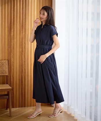 【汗染み防止・UVカット】フレンチスリーブ スキッパ―シャツ マタニティワンピース(マタニティ&授乳服）授乳口付き 授乳楽々 妊婦服 産前・産後対応(ネイビー-Ｍ)