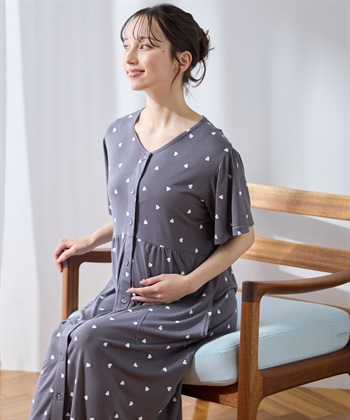接触冷感ハート柄ネグリジェ(チャコール-Ｍ)