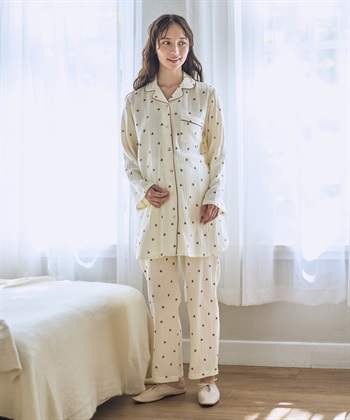 Ｗガーゼハート柄パジャマ（マタニティ/ 妊婦服）授乳楽々 妊婦服 産前・産後対応(ピンク-Ｍ)