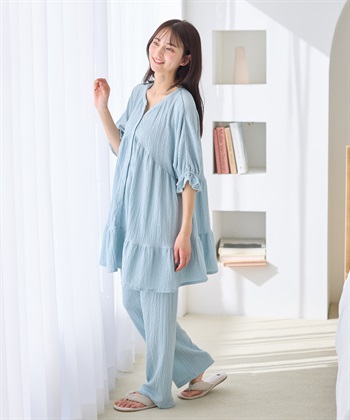 ふくれジャガード マタニティパジャマ （マタニティ/ 妊婦服）授乳楽々 妊婦服 産前・産後対応(ライトグリーン-Ｍ)