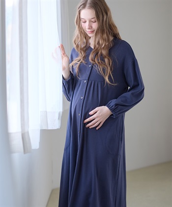 フライスネグリジェ/ワンピースパジャマ/ルームウェア（マタニティ/授乳服）授乳楽々 妊婦服 産前・産後対応(ネイビー-Ｍ)