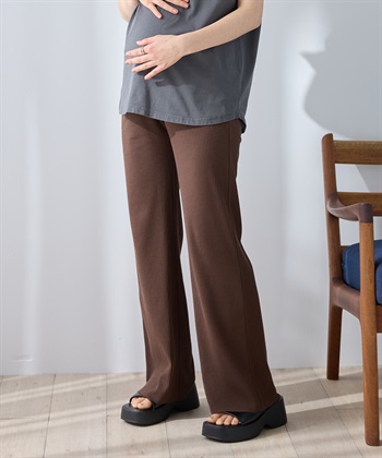 産後にも活躍 セルフカットできるマタニティリブストレートらくちんパンツ（マタニティ）妊婦服 産前・産後対応(ブラウン-M)