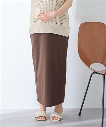 セルフカット リブナロースカート ロング（マタニティ~産後）妊婦服 産前・産後対応(ブラウン-M)