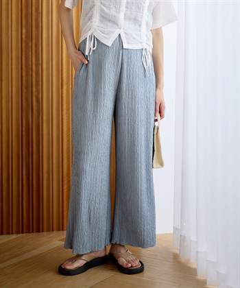ストライプジャガードワイドパンツ（マタニティ～産後）妊婦服 産前・産後対応(サックス-Ｍ)