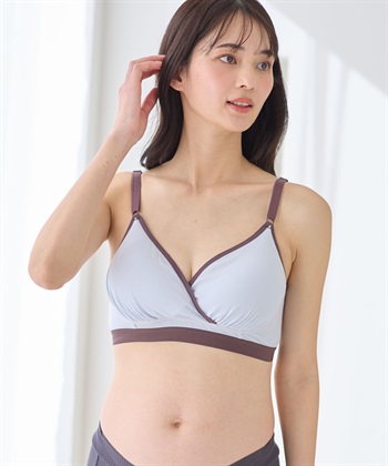 リブバイカラー クロスオープン授乳ブラジャー(サックス-Ｍ)