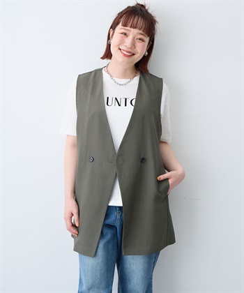 【anyfee/大きいサイズ】リネン調ジレ/ベスト《接触冷感 ・UVカット・イージーケア 》（2026SS）(千鳥格子-LL)