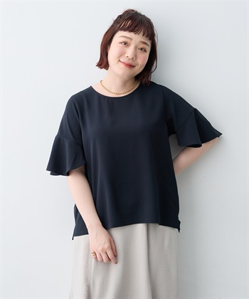 【anyfee×HINAコラボ】サマラクすっきりフレアチューリップスリーブブラウス《大きいサイズ》(ネイビー-LL)