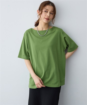 【anyfee/大きいサイズ】着てサラ汗じみ防止ボートネックTシャツ《接触冷感・吸水速乾》（2026SS）(グリーン-LL)