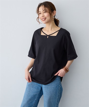 【anyfee/大きいサイズ】着てサラ汗じみ防止クロスネックトップス/半袖Tシャツ《接触冷感・吸水速乾・UVカット》(ブラック-LL)