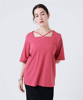 【anyfee/大きいサイズ】着てサラ汗じみ防止クロスネックトップス/半袖Tシャツ《接触冷感・吸水速乾・UVカット》(ピンク-LL)