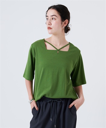 【anyfee/大きいサイズ】着てサラ汗じみ防止クロスネックトップス/半袖Tシャツ《接触冷感・吸水速乾・UVカット》(グリーン-LL)