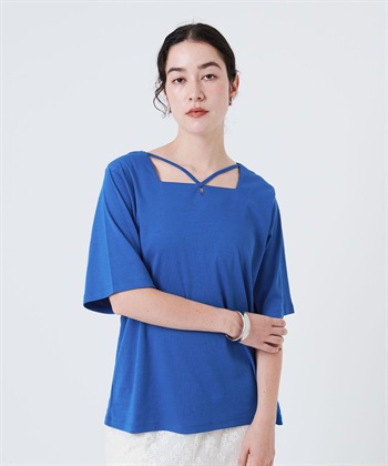 【anyfee/大きいサイズ】着てサラ汗じみ防止クロスネックトップス/半袖Tシャツ《接触冷感・吸水速乾・UVカット》(ブルー-LL)