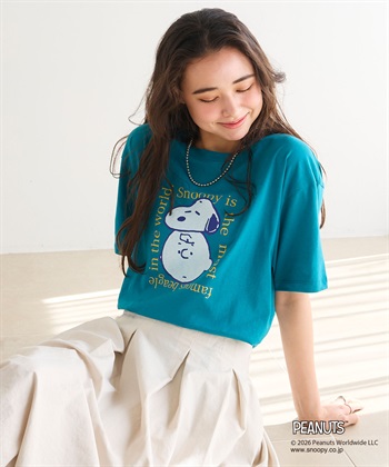 【PEANUTS/ピーナッツ】SNOOPY/スヌーピー＆チャーリー・ブラウンフェイスプリントTシャツ(エメラルド-M)