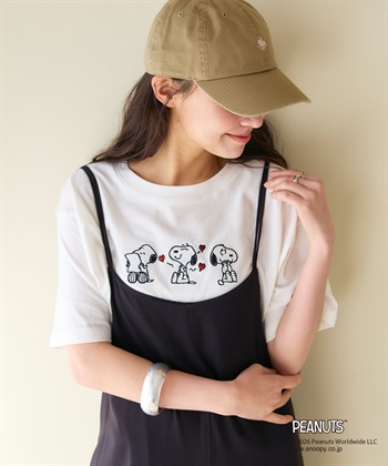 【PEANUTS/ピーナッツ】SNOOPY/スヌーピー3パターンフロントデザイン刺繍Tシャツ(オフホワイト-M)