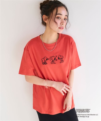 【PEANUTS/ピーナッツ】SNOOPY/スヌーピー3パターンフロントデザイン刺繍Tシャツ(オレンジ-M)