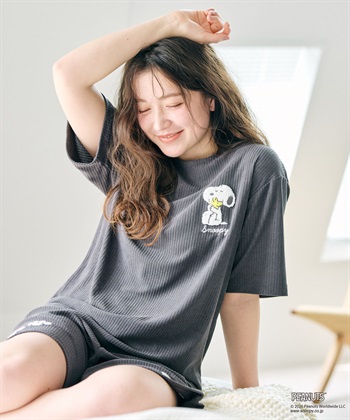 【PEANUTS/ピーナッツ】SNOOPY/スヌーピーパイルリブルームウェア半袖トップス（上下別売り）(グレー-M)