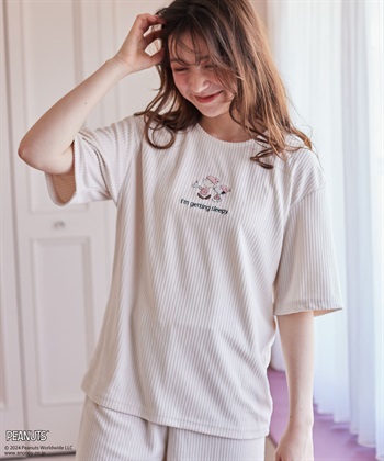 【PEANUTS/ピーナッツ】SNOOPY/スヌーピーパイルリブルームウェア半袖トップス（上下別売り）(アイボリー系B-Ｌ)