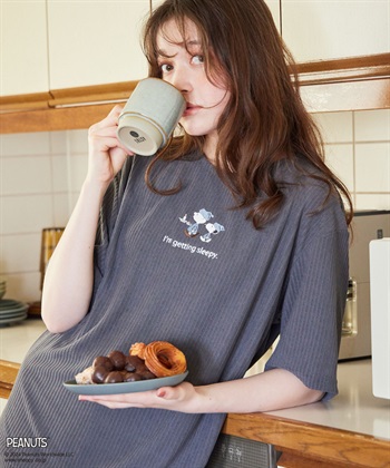 【PEANUTS/ピーナッツ】SNOOPY/スヌーピーパイルリブルームウェア半袖トップス（上下別売り）(グレー系2-Ｍ)
