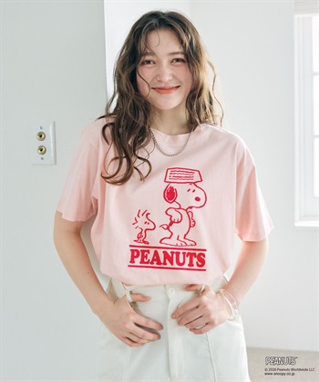 【PEANUTS/ピーナッツ】SNOOPY/スヌーピー＆ウッドストックフロッキープリントTシャツ(ピンク-M)